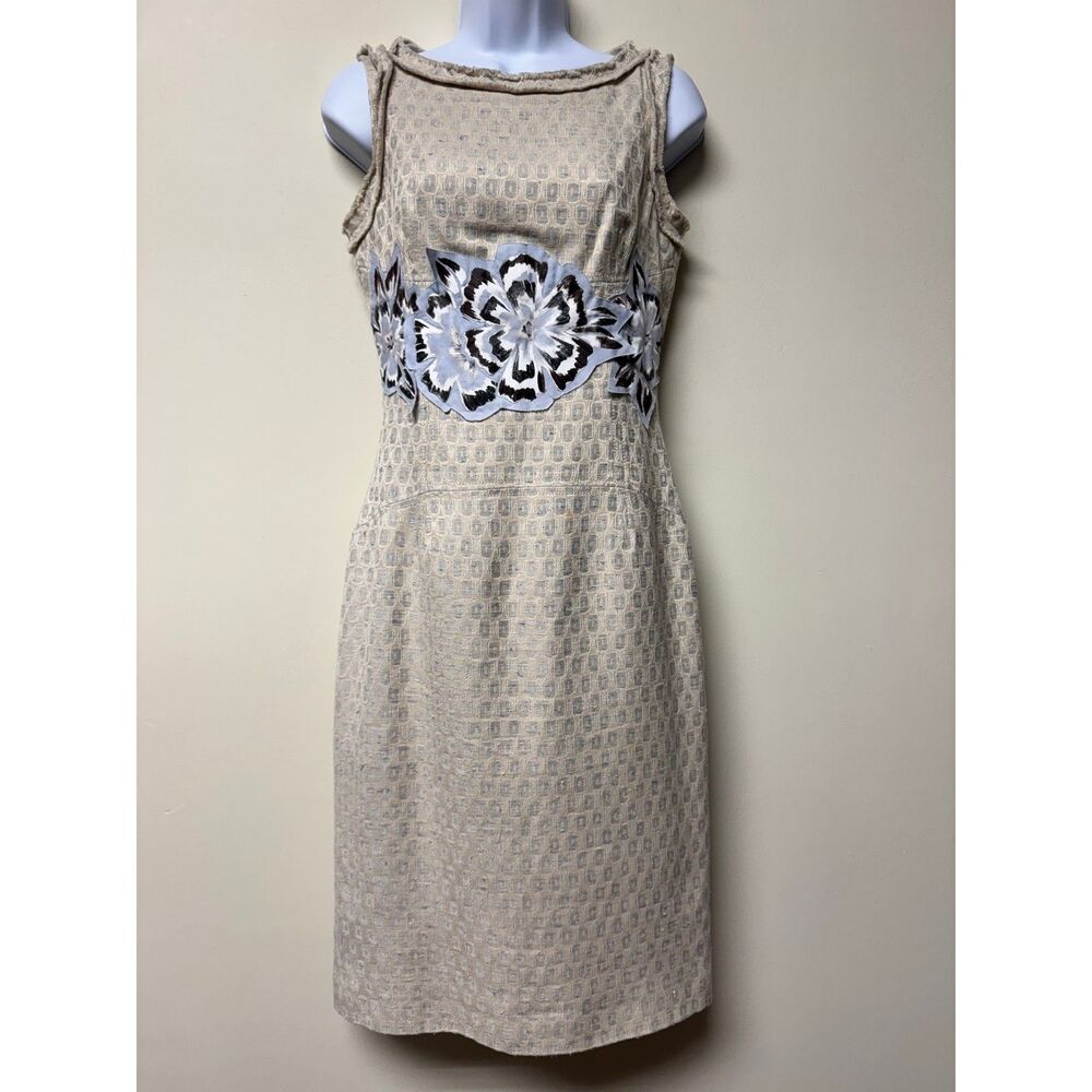 VTG - CAROLINA HERRERA Cotton/Silk Floral Applique Brocade Raw Edge Sheath, Sz 4